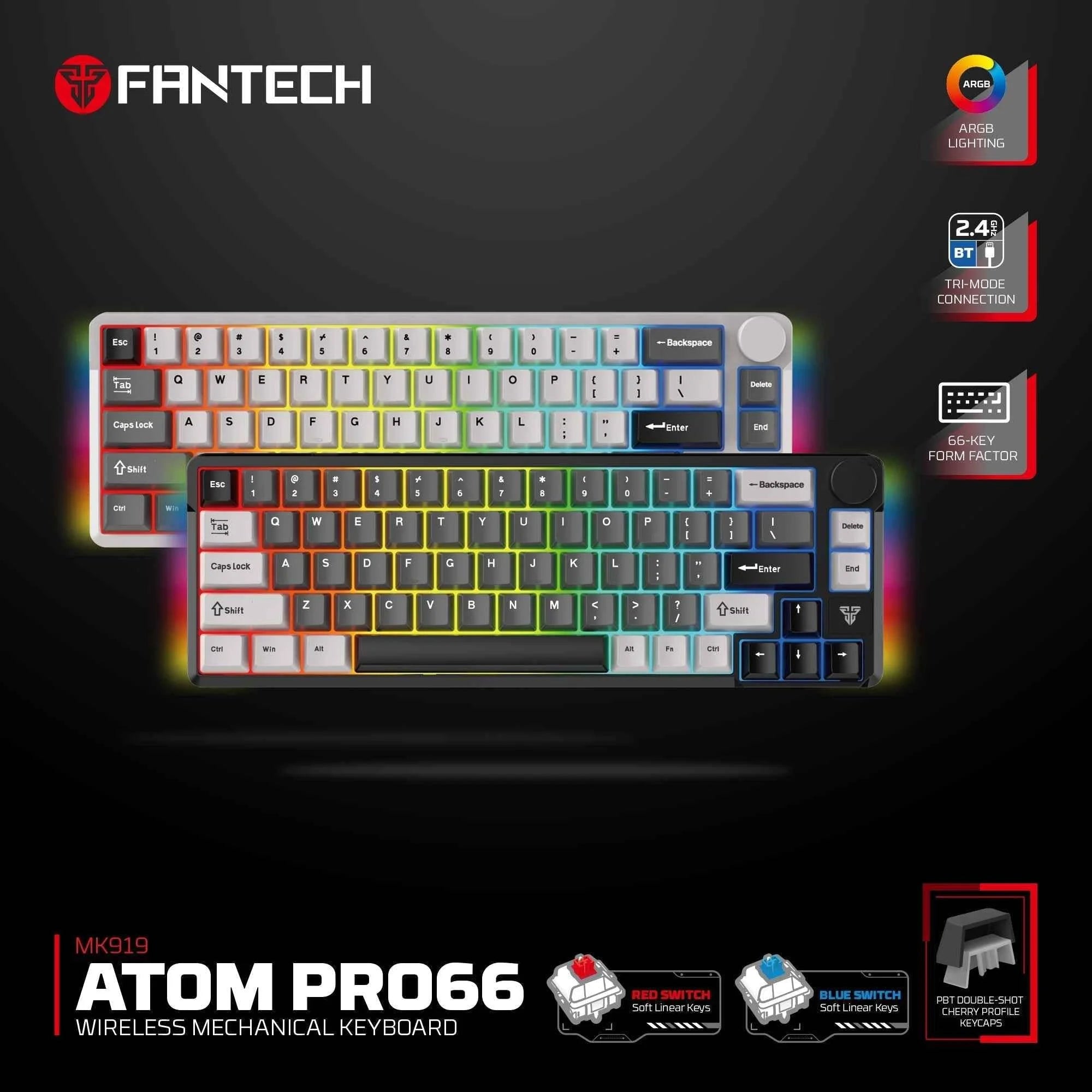 Fantech mk919 atom pro66 keyboard - high-performance black mechanical keyboard for gaming - keyboard