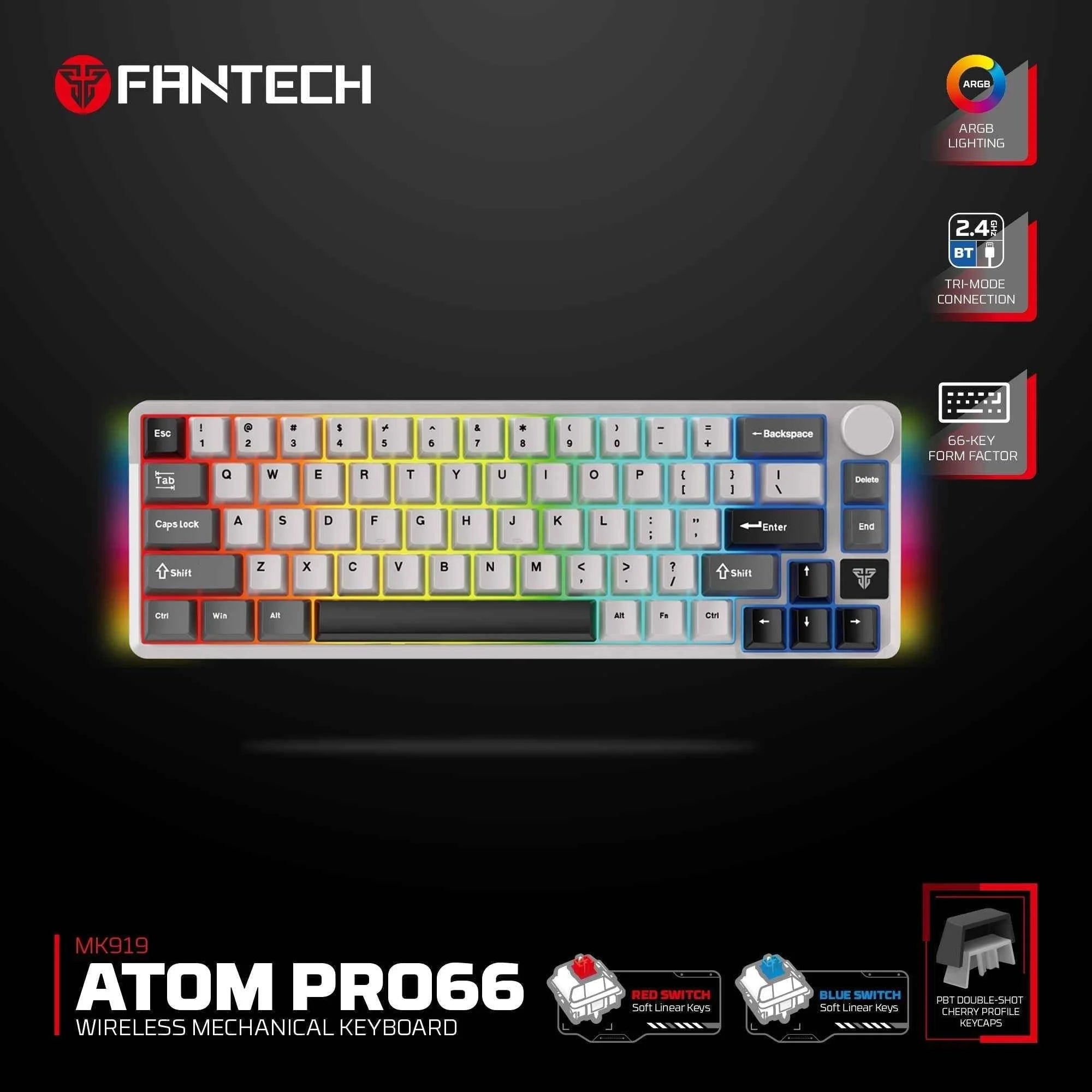 Fantech mk919 atom pro66 mechanical keyboard grey - keyboard