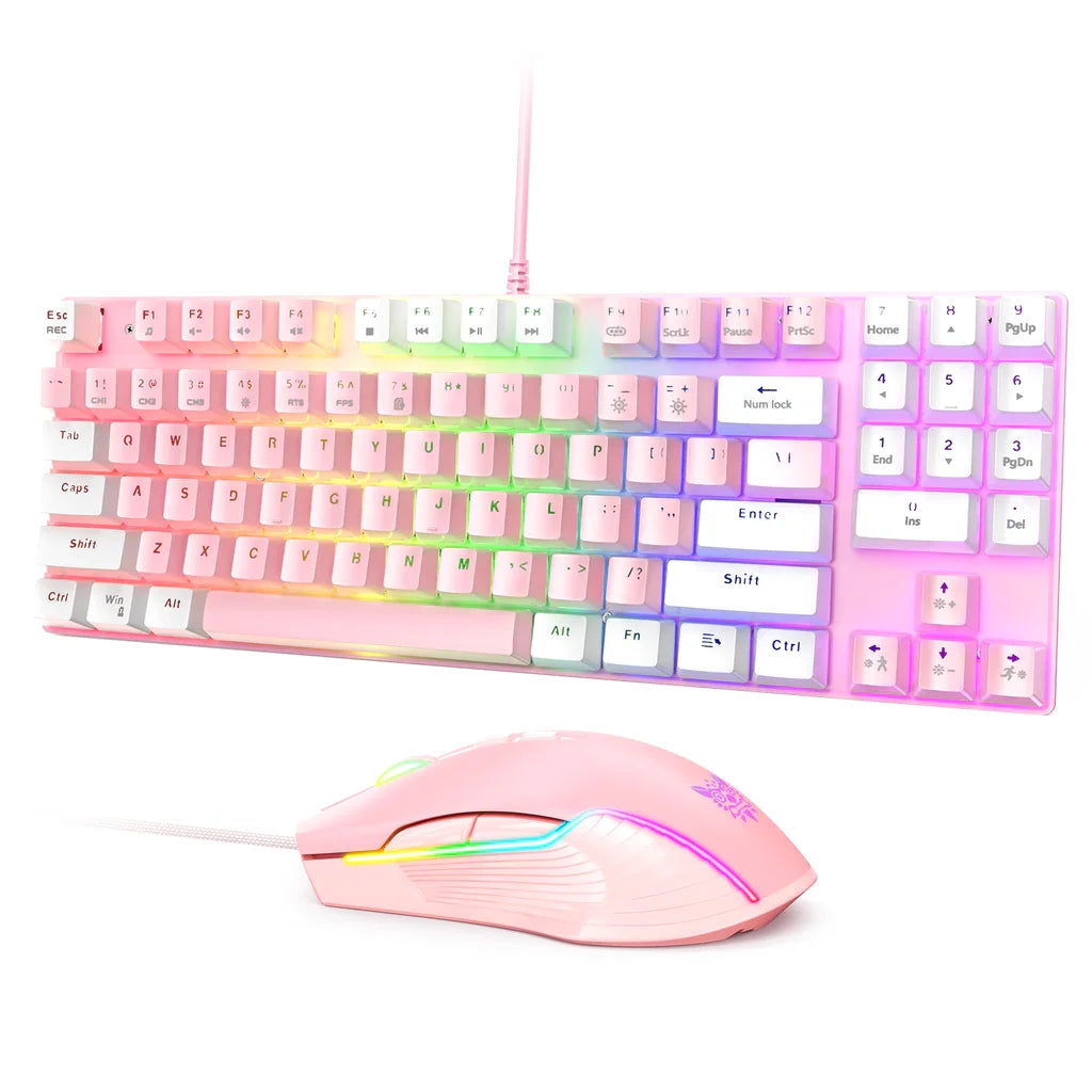 Onikuma g26 wired mechanical keyboard + cw905 mouse set - white pink - keyboards