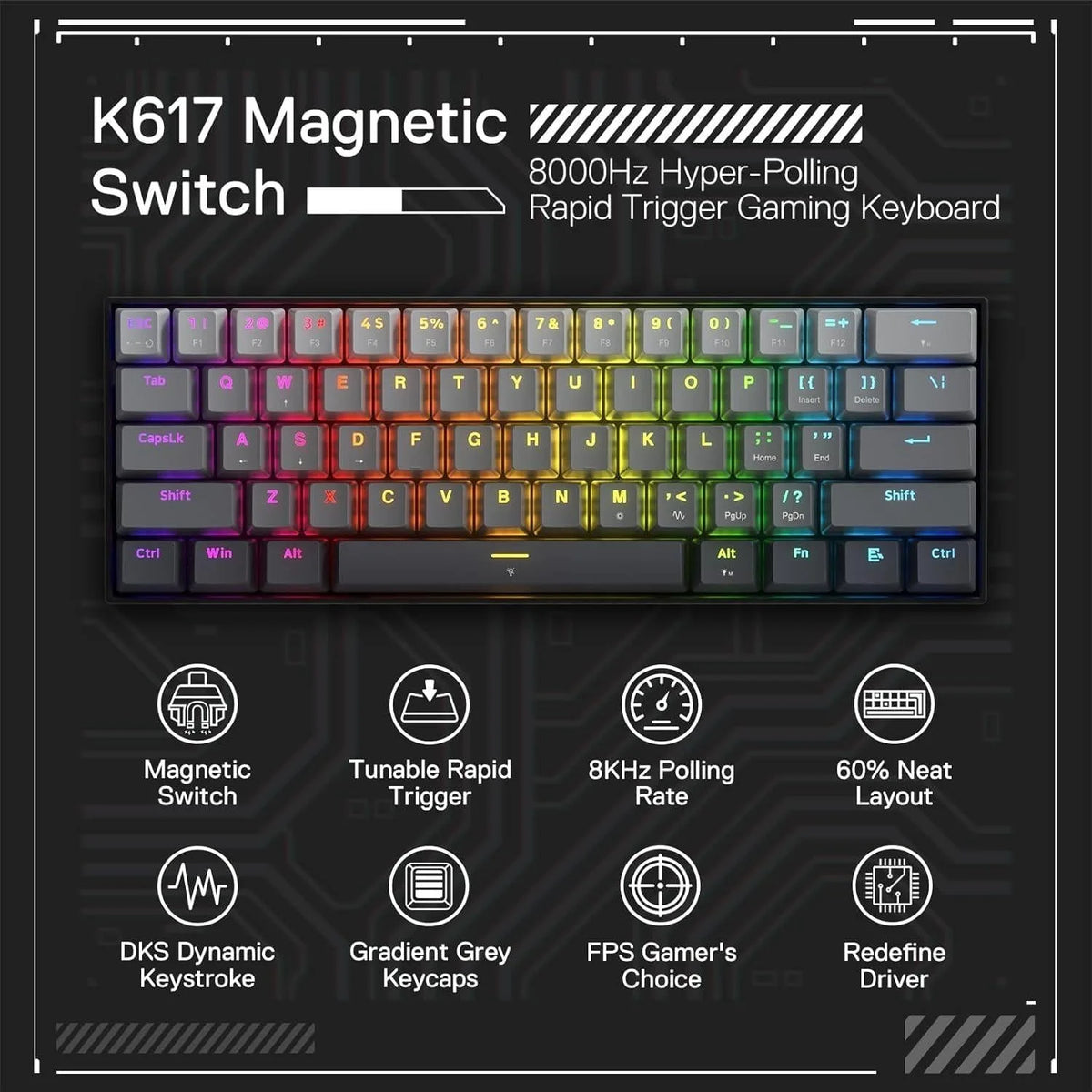 Redragon fizz k617m he (magnetic hall effect keyboard) 8k hz polling rate gray - keyboard