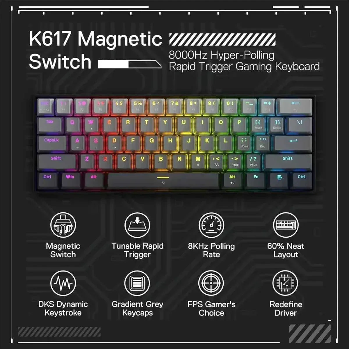 Redragon k617 gaming keyboard - fizz k617ggb magnetic switch 60% wired for rapid trigger action - keyboard