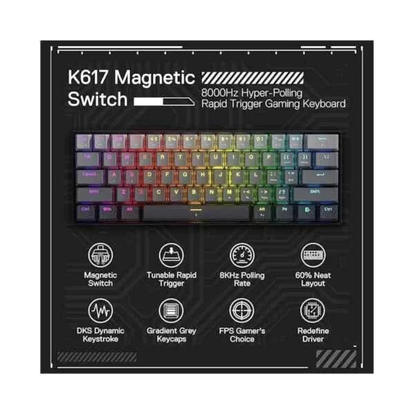 Redragon k617 gaming keyboard - fizz k617ggb magnetic switch 60% wired for rapid trigger action - keyboard