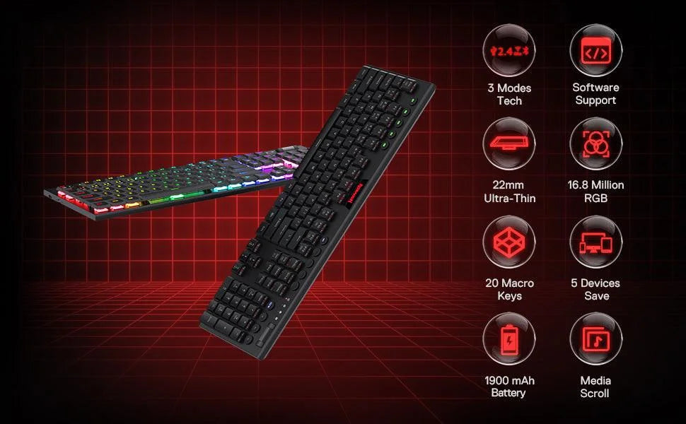 Redragon k618 horus 3-modes rgb mechanical ultra-thin low profile dedicated media control - red switch - keyboards