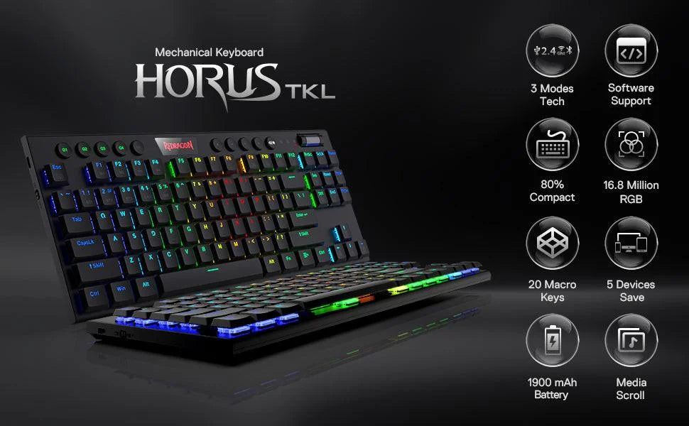 Redragon k621 horus tkl rgb mechanical wire & bluetooth & wireless red switch - black - keyboards