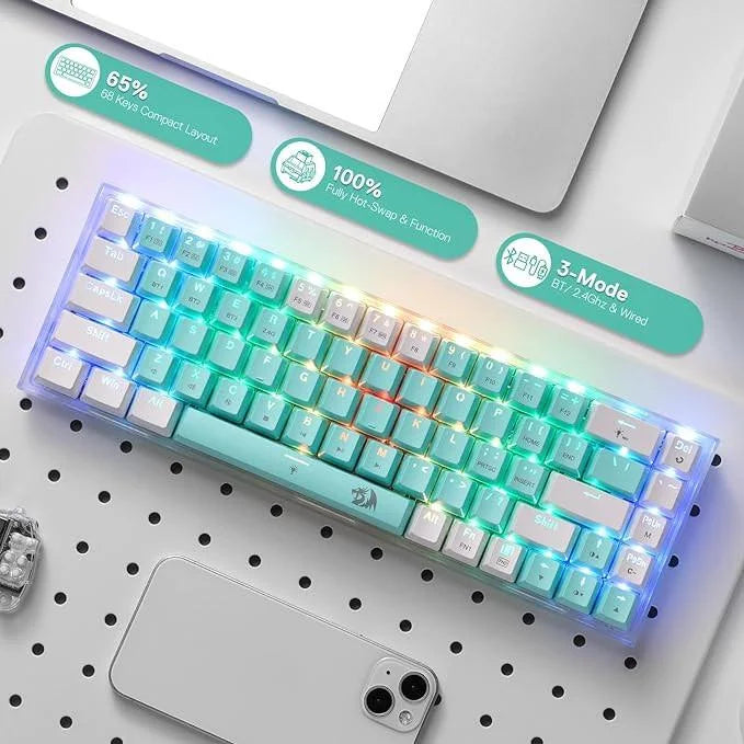 Redragon k631 pro wt 65% 3-mode wireless rgb gaming keyboard - custom quiet linear switch - keyboards