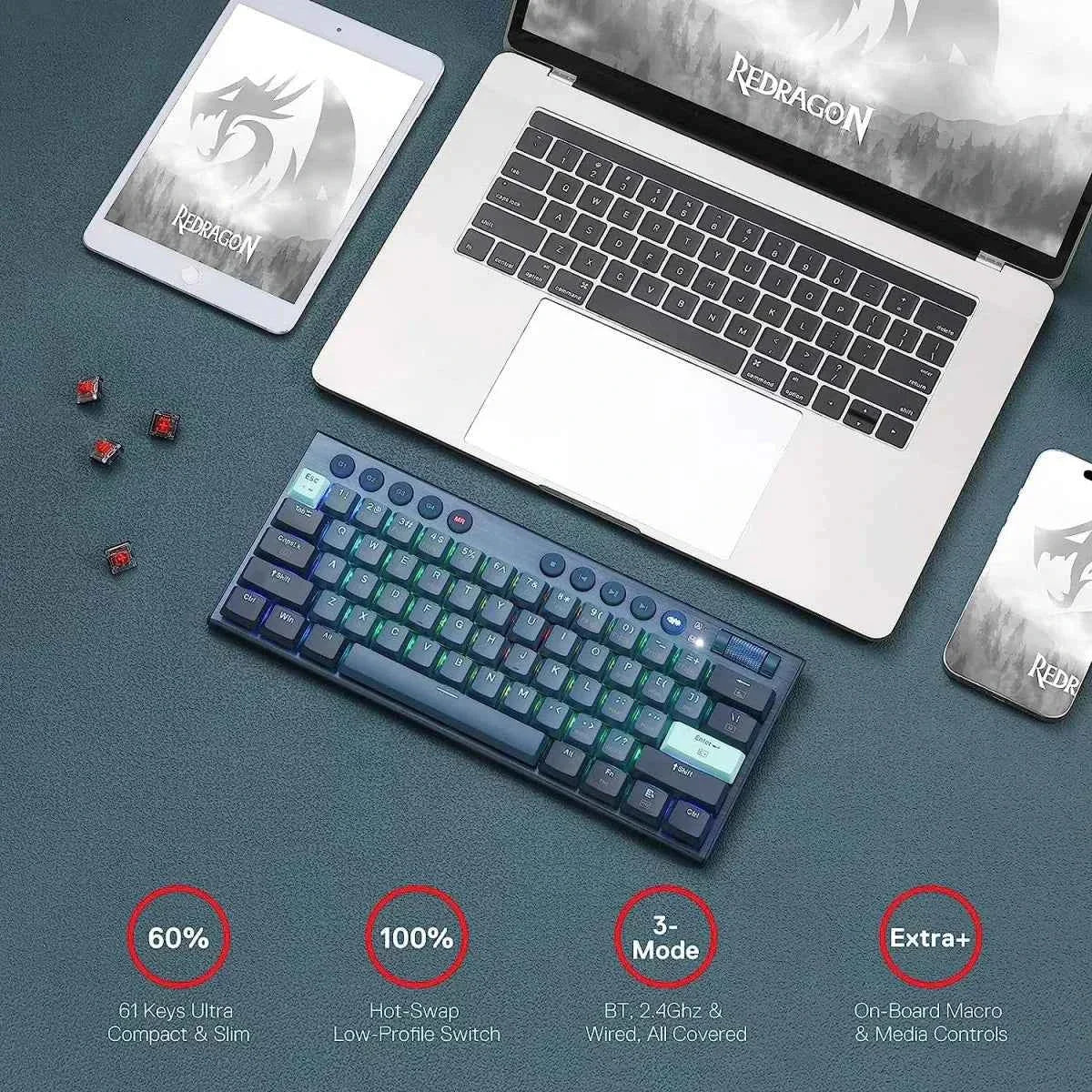 Redragon k632 blue pro mechanical keyboard - 60% ultra-thin rgb with 3-mode connection - keyboard