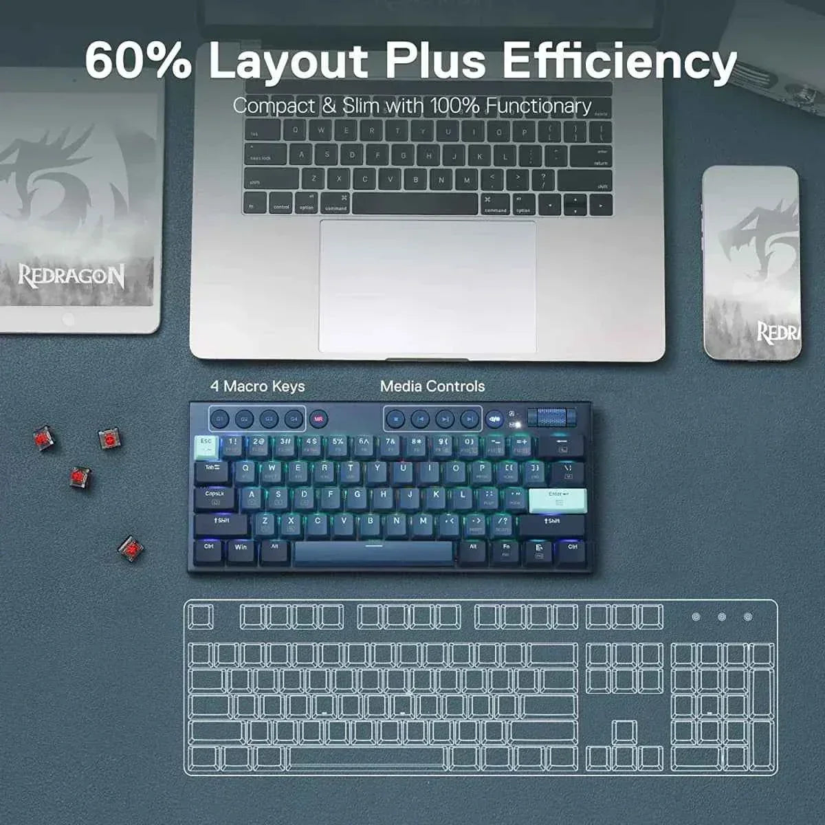 Redragon k632 blue pro mechanical keyboard - 60% ultra-thin rgb with 3-mode connection - keyboard