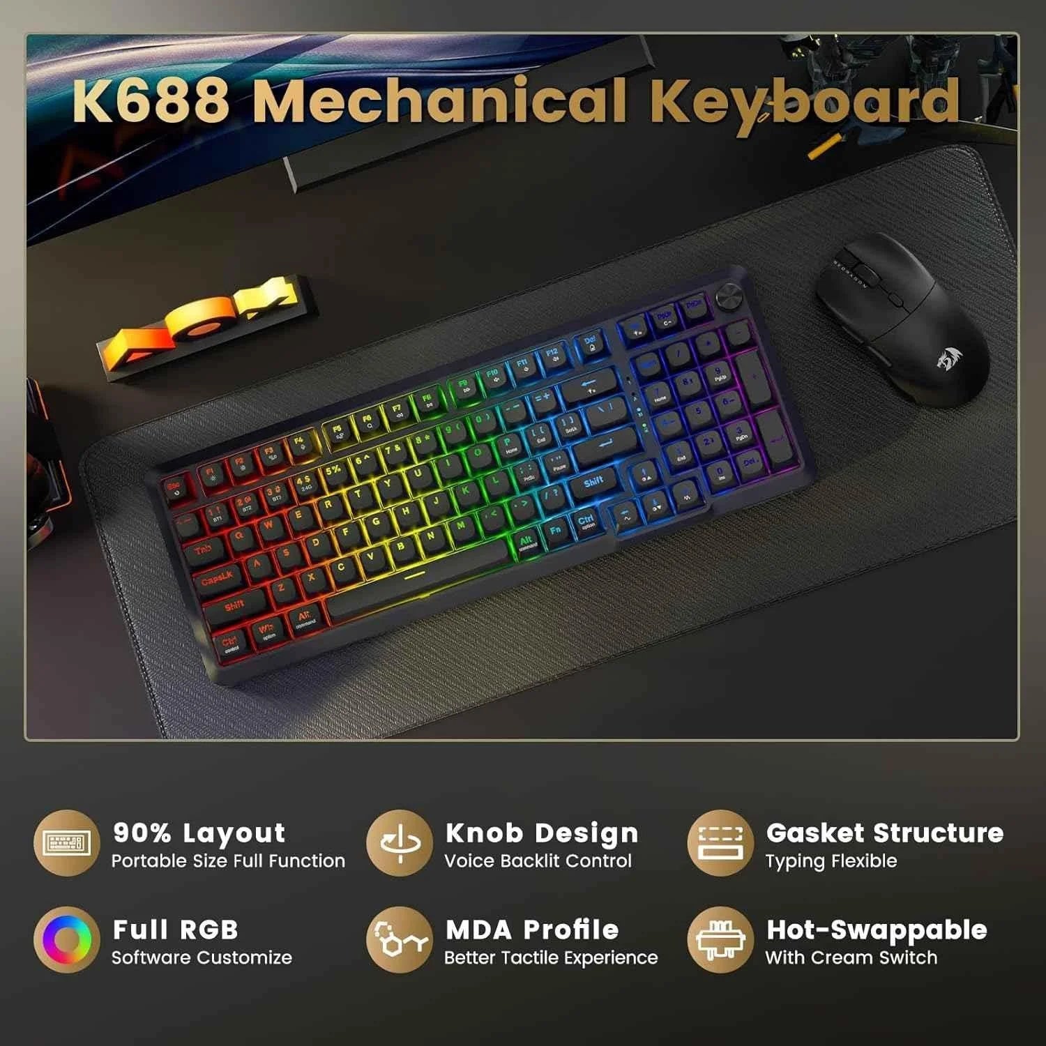 Redragon k688 wireless mechanical keyboard 3 mode gasket mounted rgb gaming - keyboard