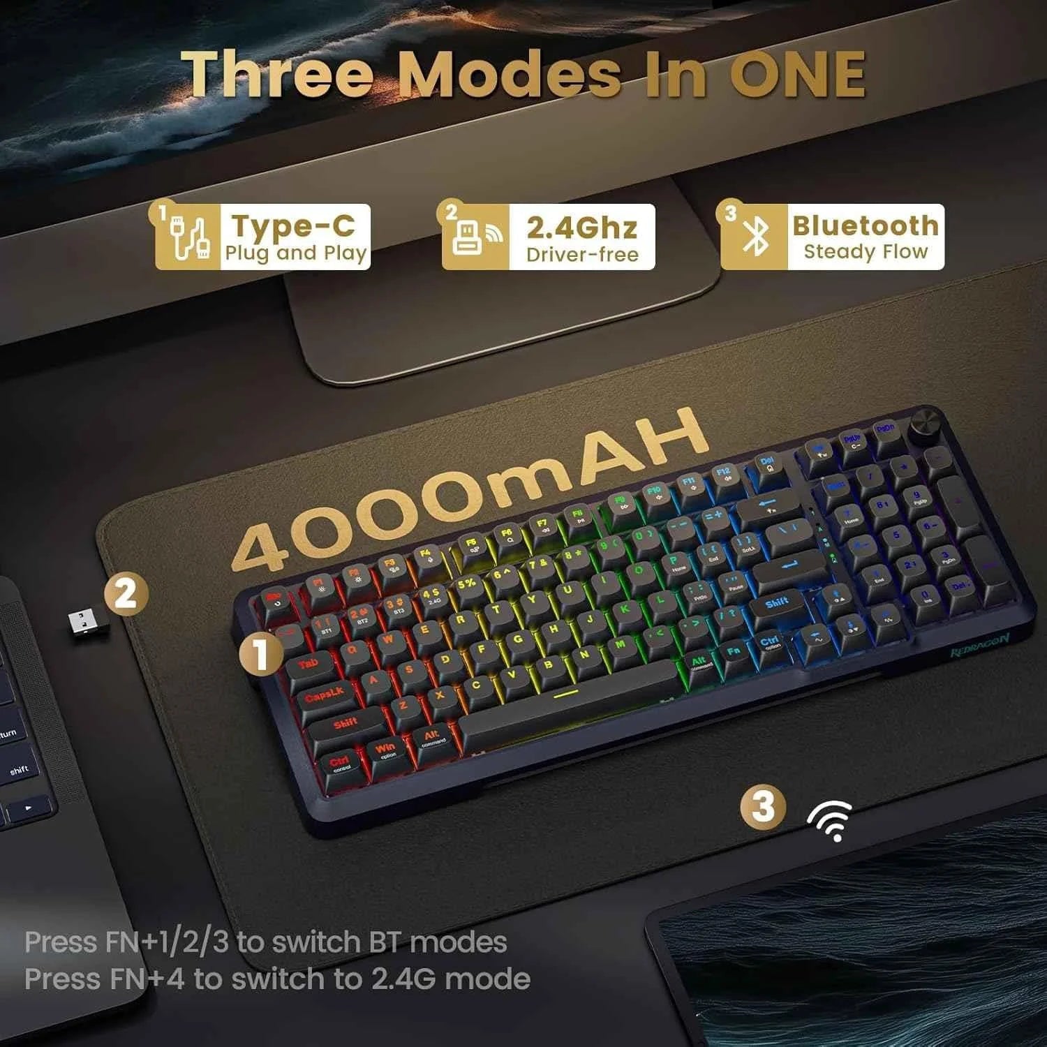 Redragon k688 wireless mechanical keyboard 3 mode gasket mounted rgb gaming - keyboard