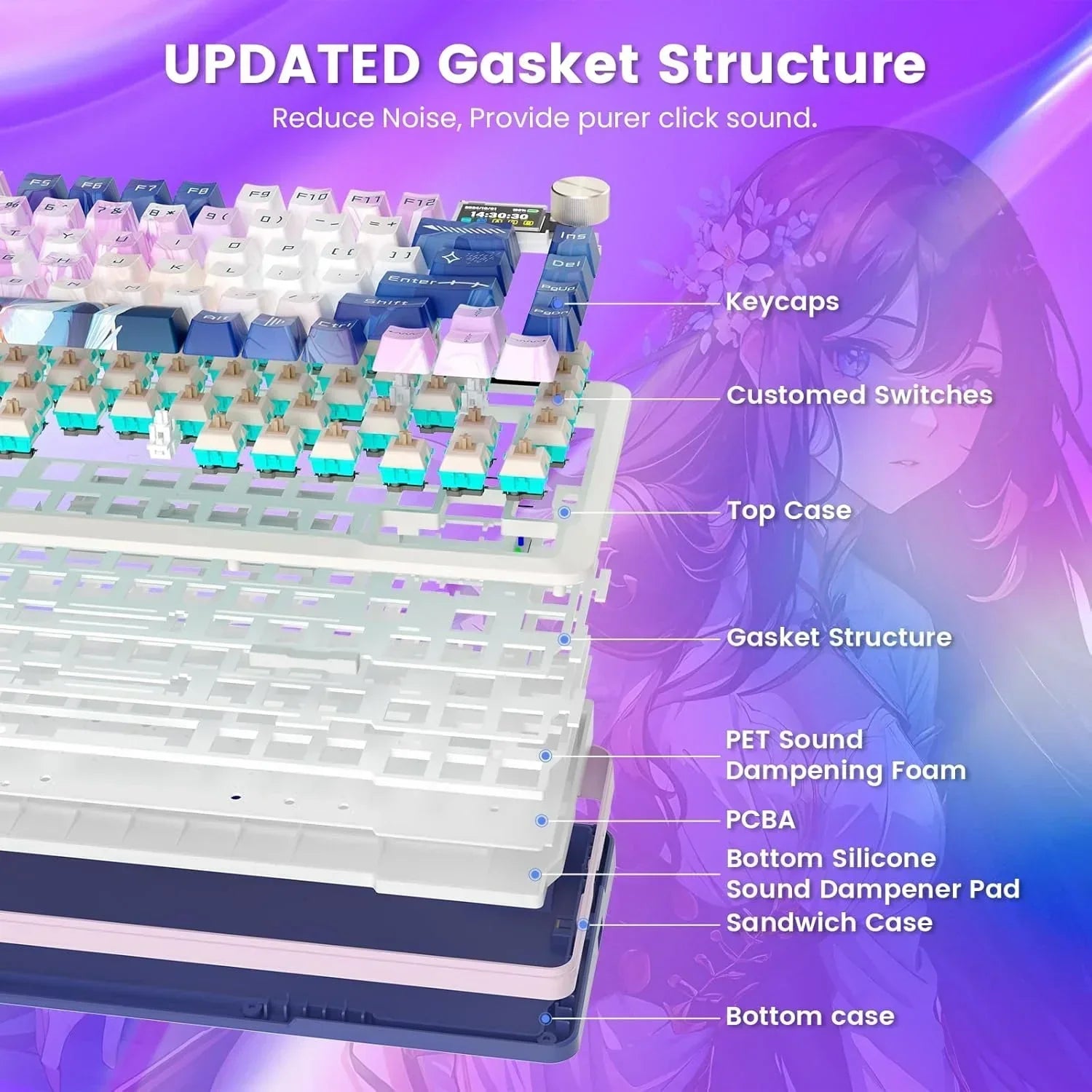 Redragon k708rgb-pro flekact anime lcd screen gasket mounted 3 modes - keyboards