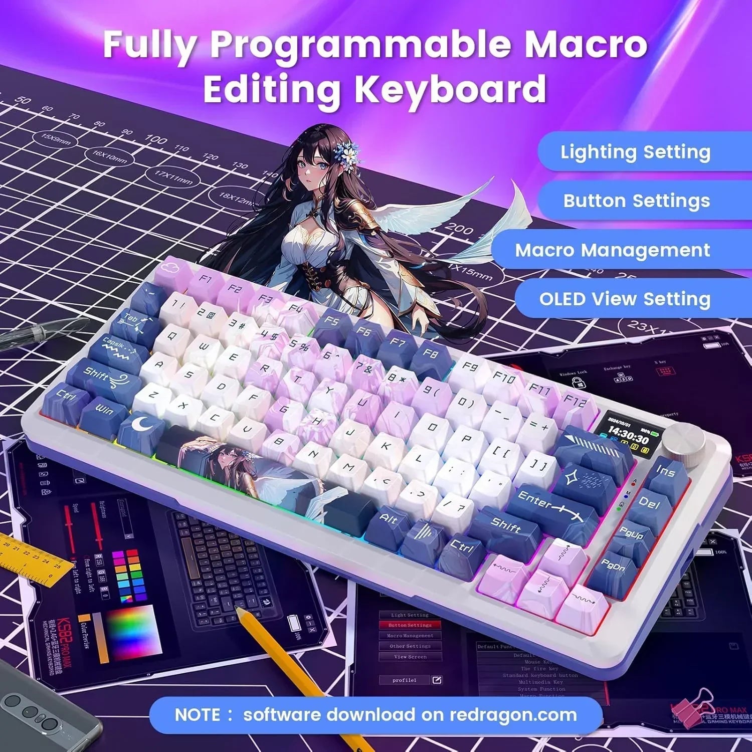 Redragon k708rgb-pro flekact anime lcd screen gasket mounted 3 modes - keyboards