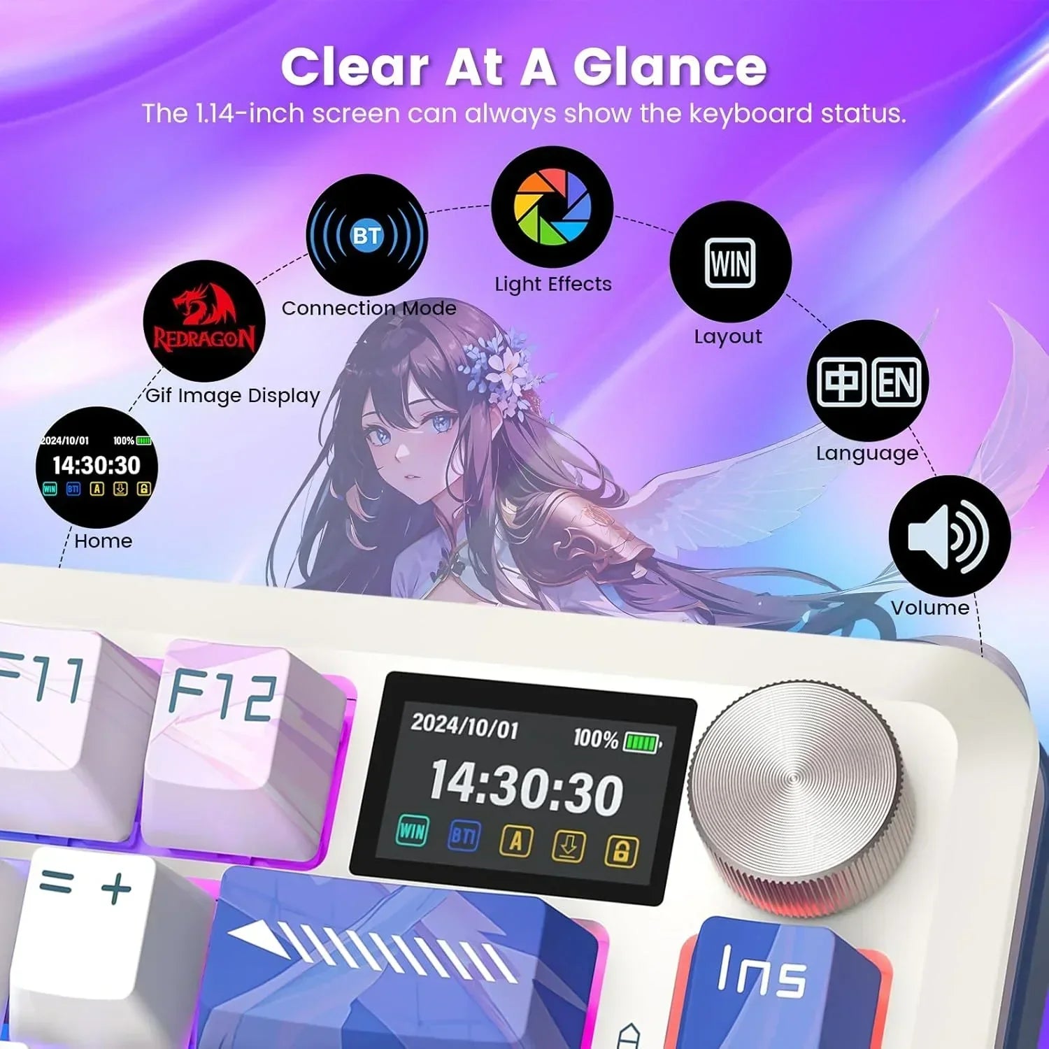 Redragon k708rgb-pro flekact anime lcd screen gasket mounted 3 modes - keyboards