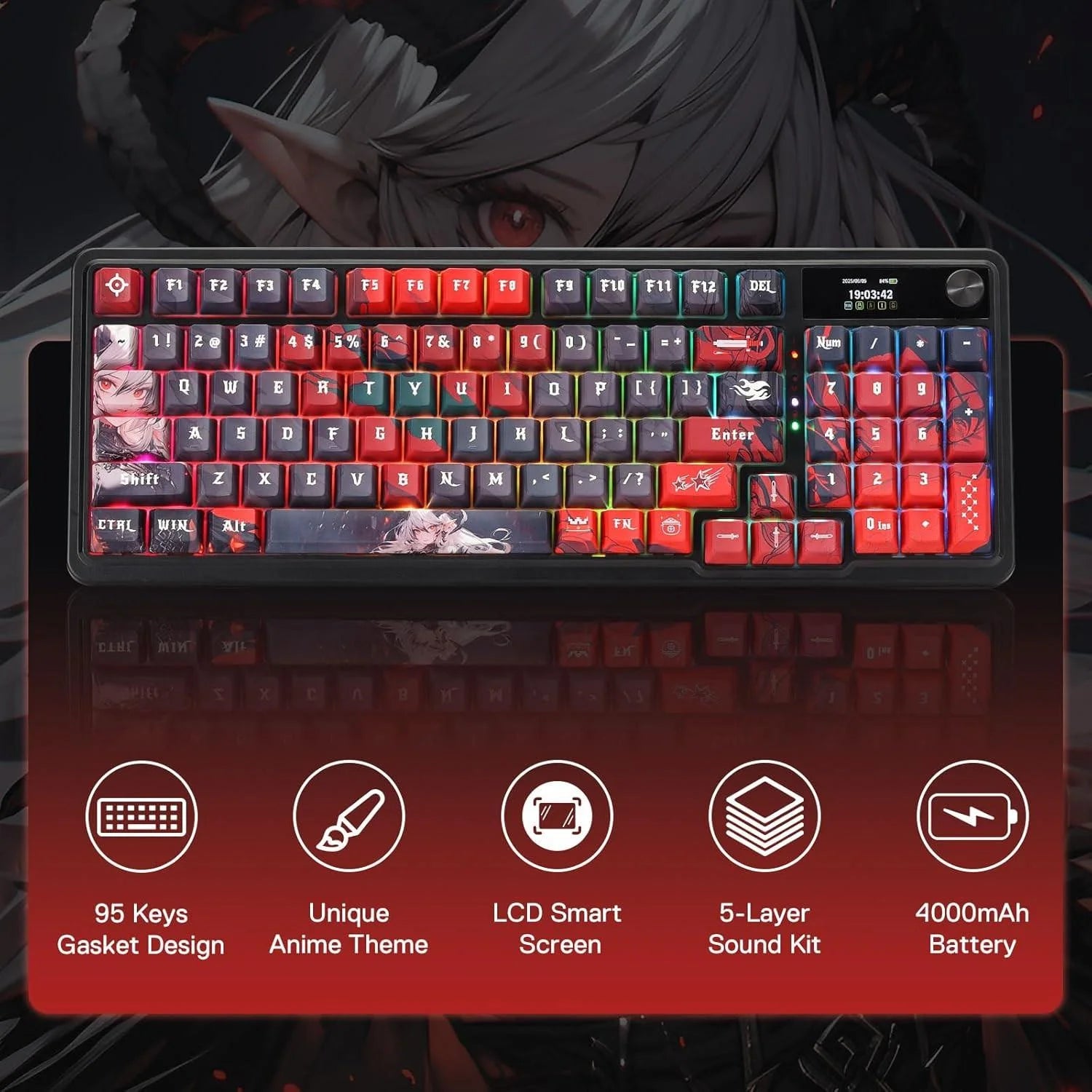 Redragon k719 pro wireless gasket gaming keyboard w/hype screen & knob - keyboard