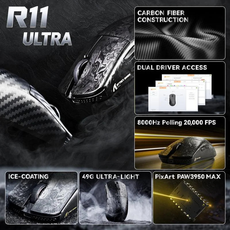 Attack shark r11 ultra carbon fiber wireless 8k gaming mouse 49g superlight 42000dpi