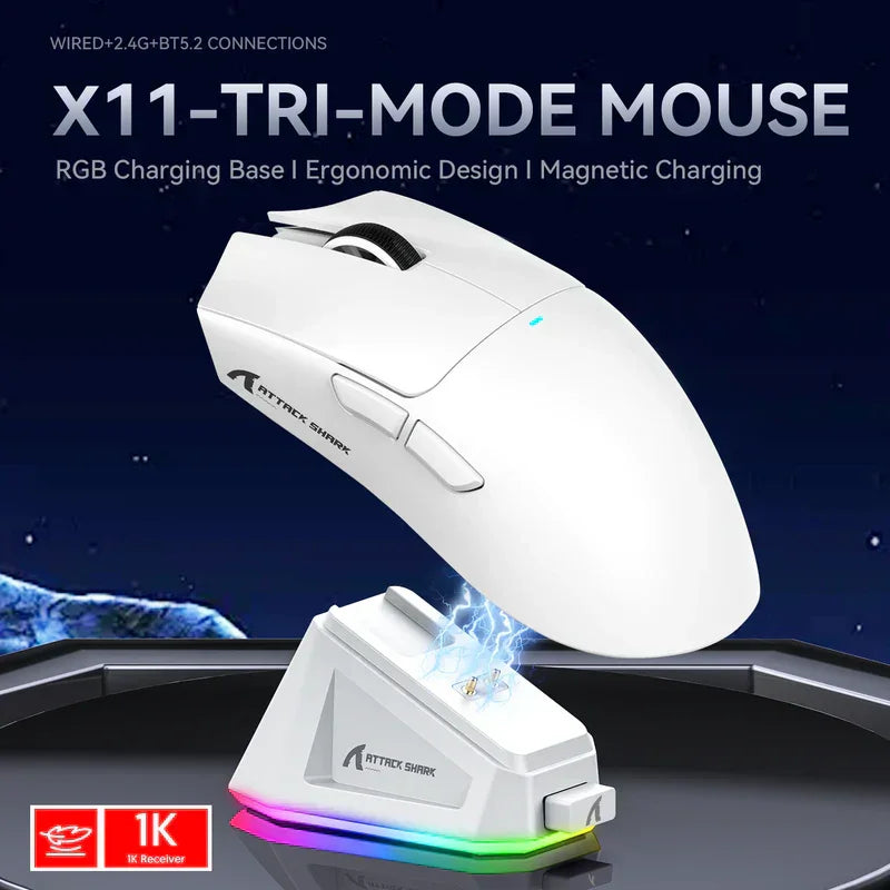 Attack shark x11 wireless gaming mouse with charging dock - white - mouse’s