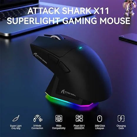 Attack shark x11 wireless gaming mouse with charging dock - black - mouse’s