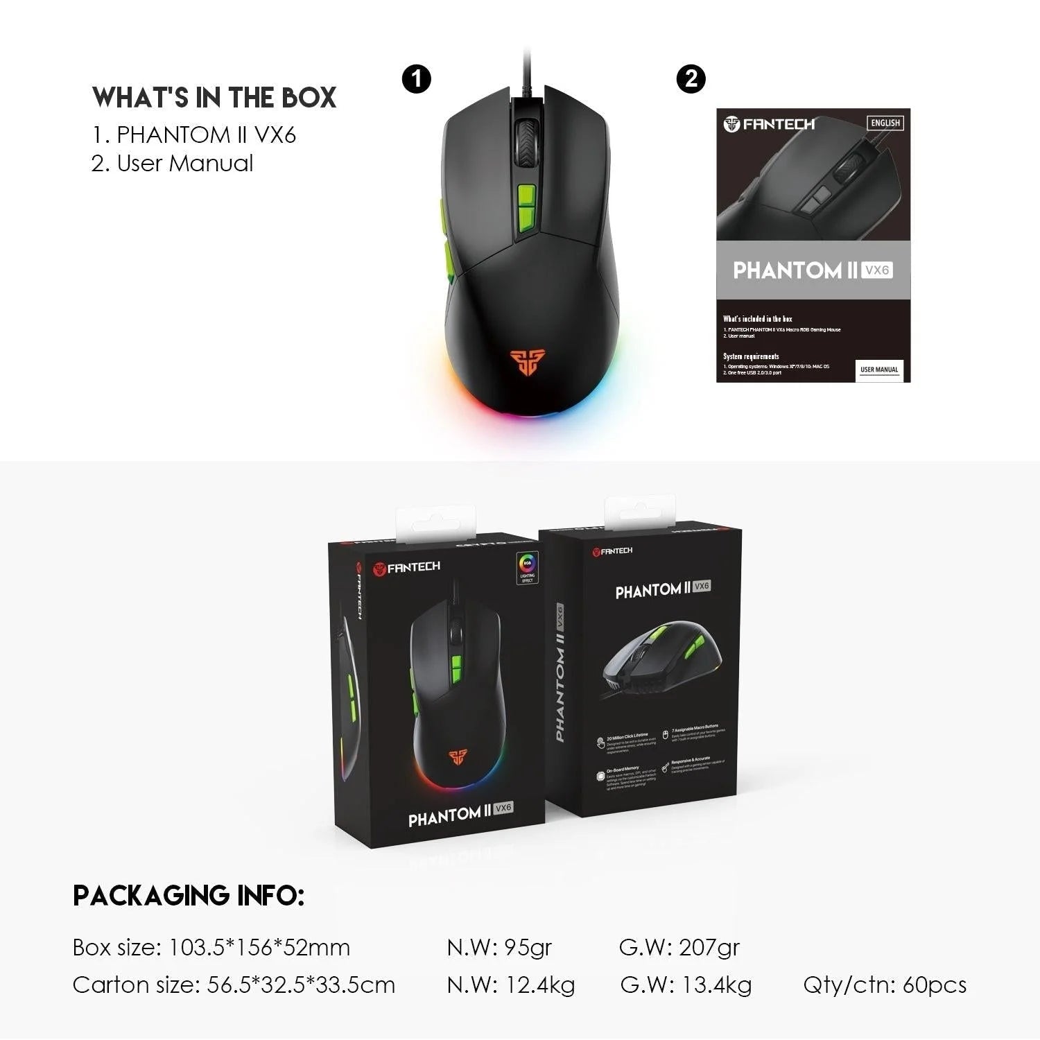 Fantech phantom ii vx6 gaming mouse for ultimate performance and neon macro features - mouse