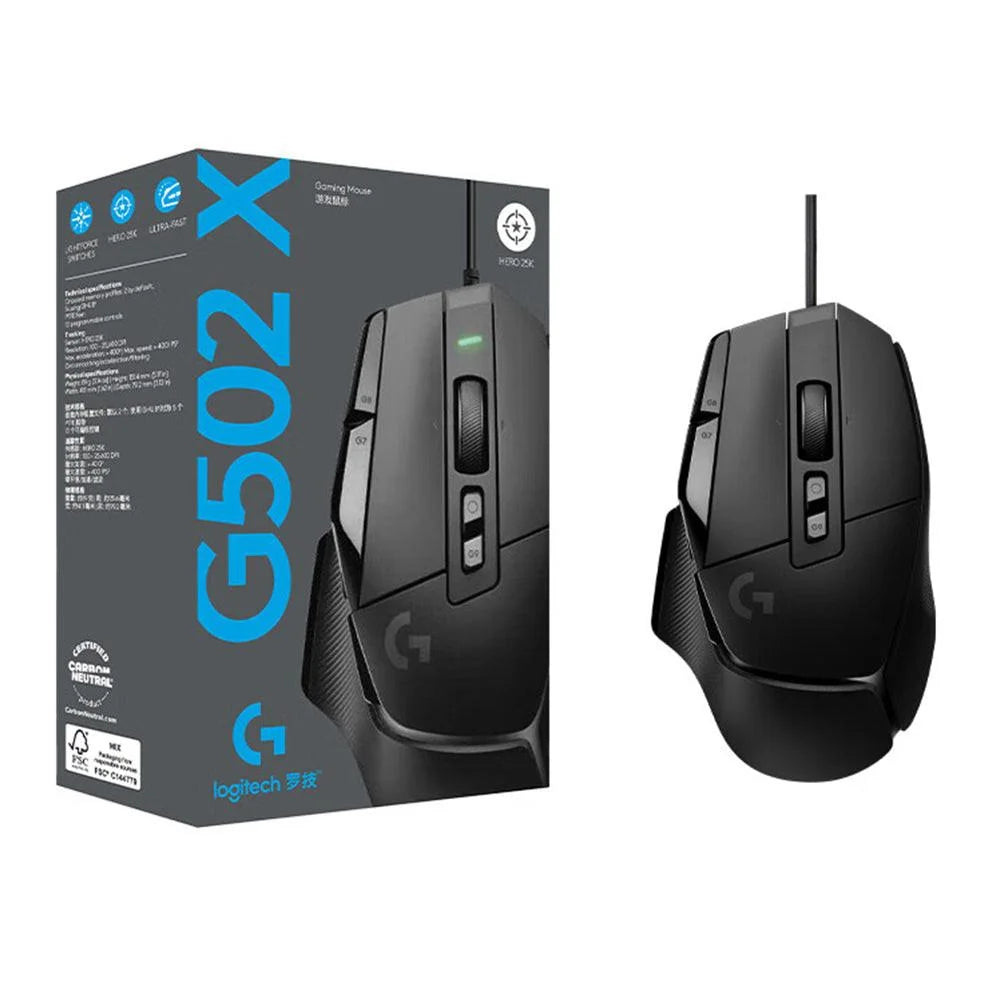 Logitech g502 x mouse with lightforce hybrid optical-mechanical switches hero 25k gaming sensor compatible with pc