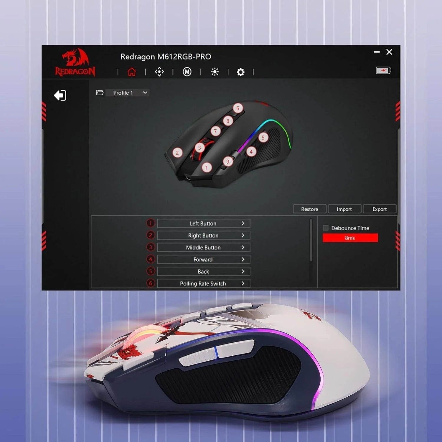 Redragon m612ak pro rgb anime gaming mouse 8000 dpi wired/wireless - mouse