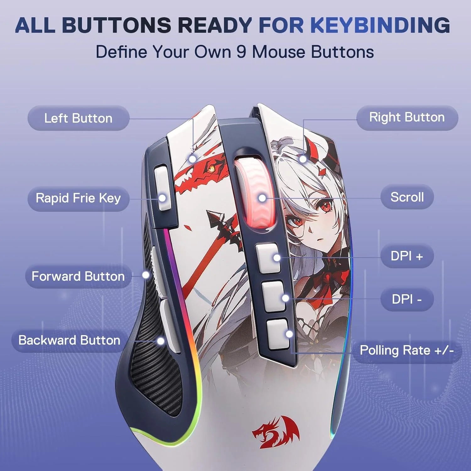 Redragon m612ak pro rgb anime gaming mouse 8000 dpi wired/wireless - mouse