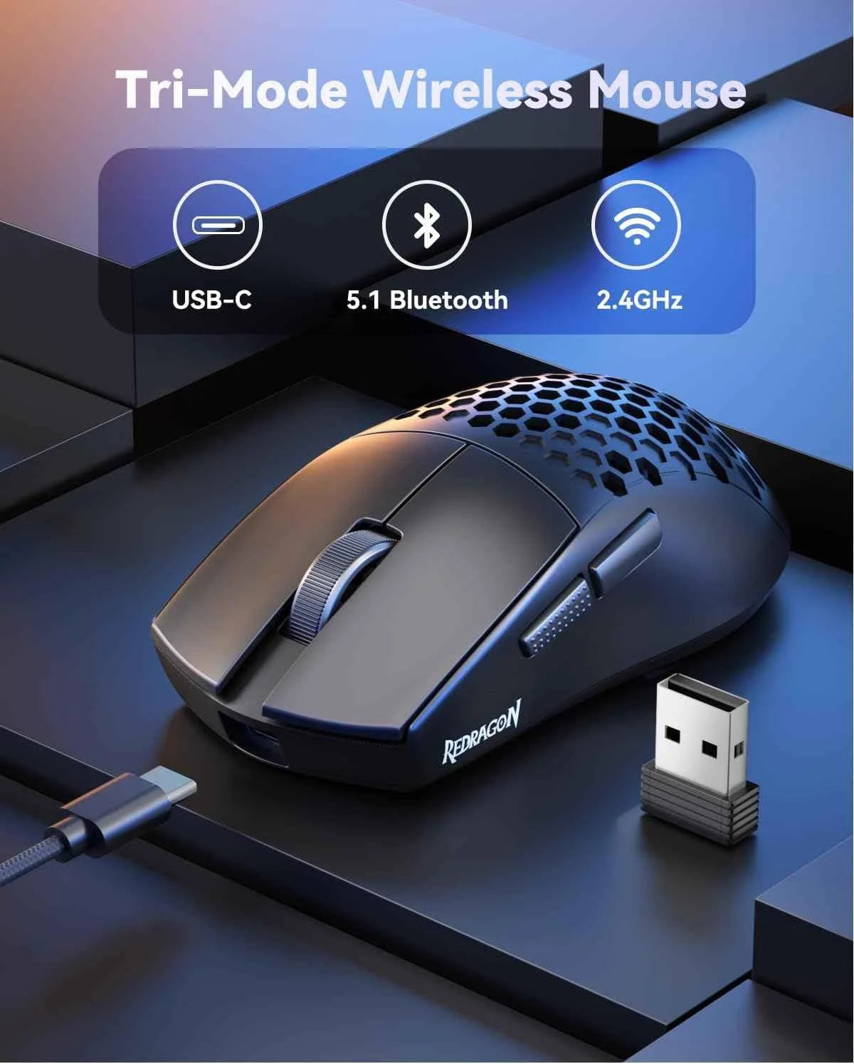 Redragon m725 wireless gaming mouse - ultra lightweight 49g honeycomb shell design - mouse
