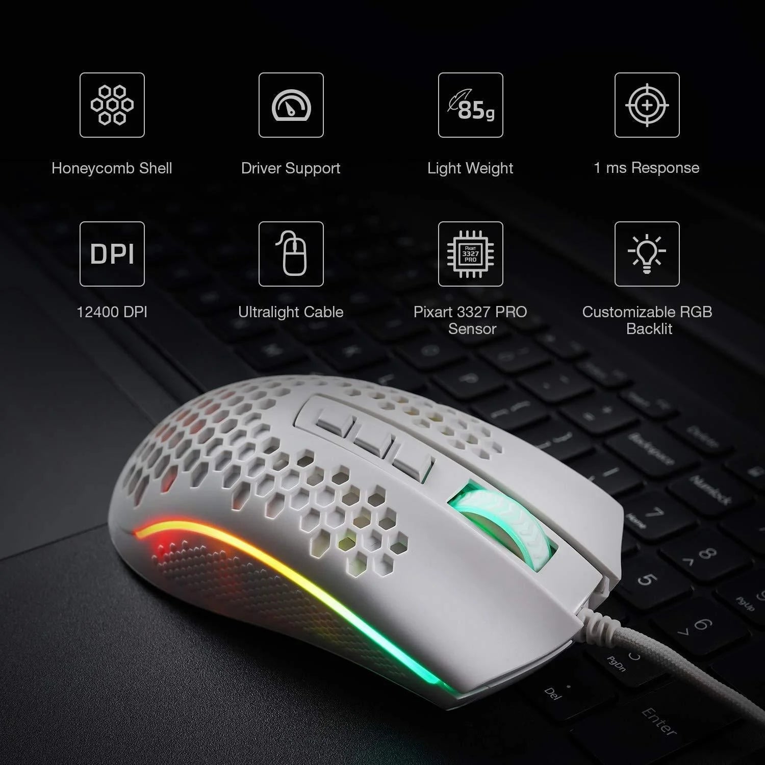 Redragon m808 storm lightweight rgb 85g honeycomb shell - white - mouse’s