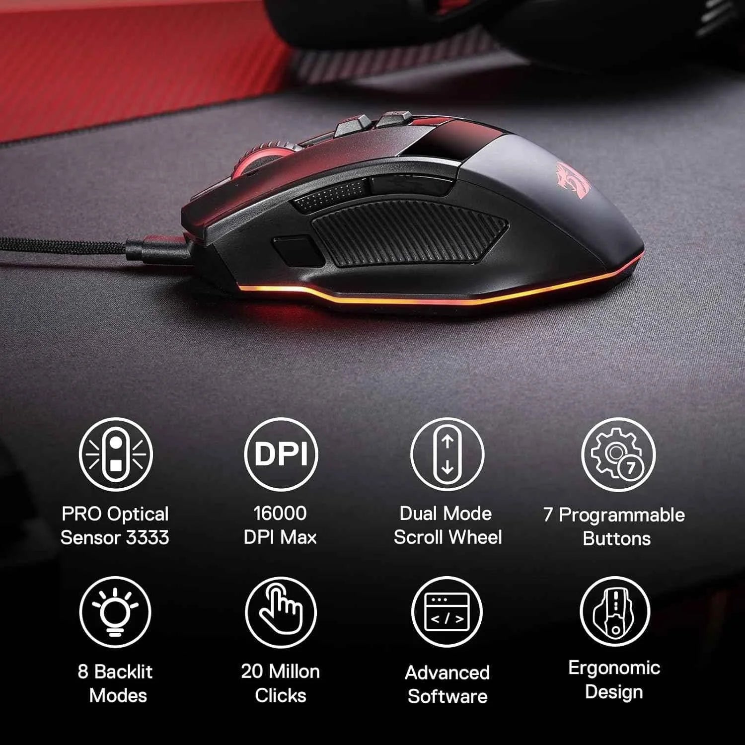 Redragon m813 rgb gaming mouse - ergonomic wired design with 4d dual mode scroll wheel - mouse