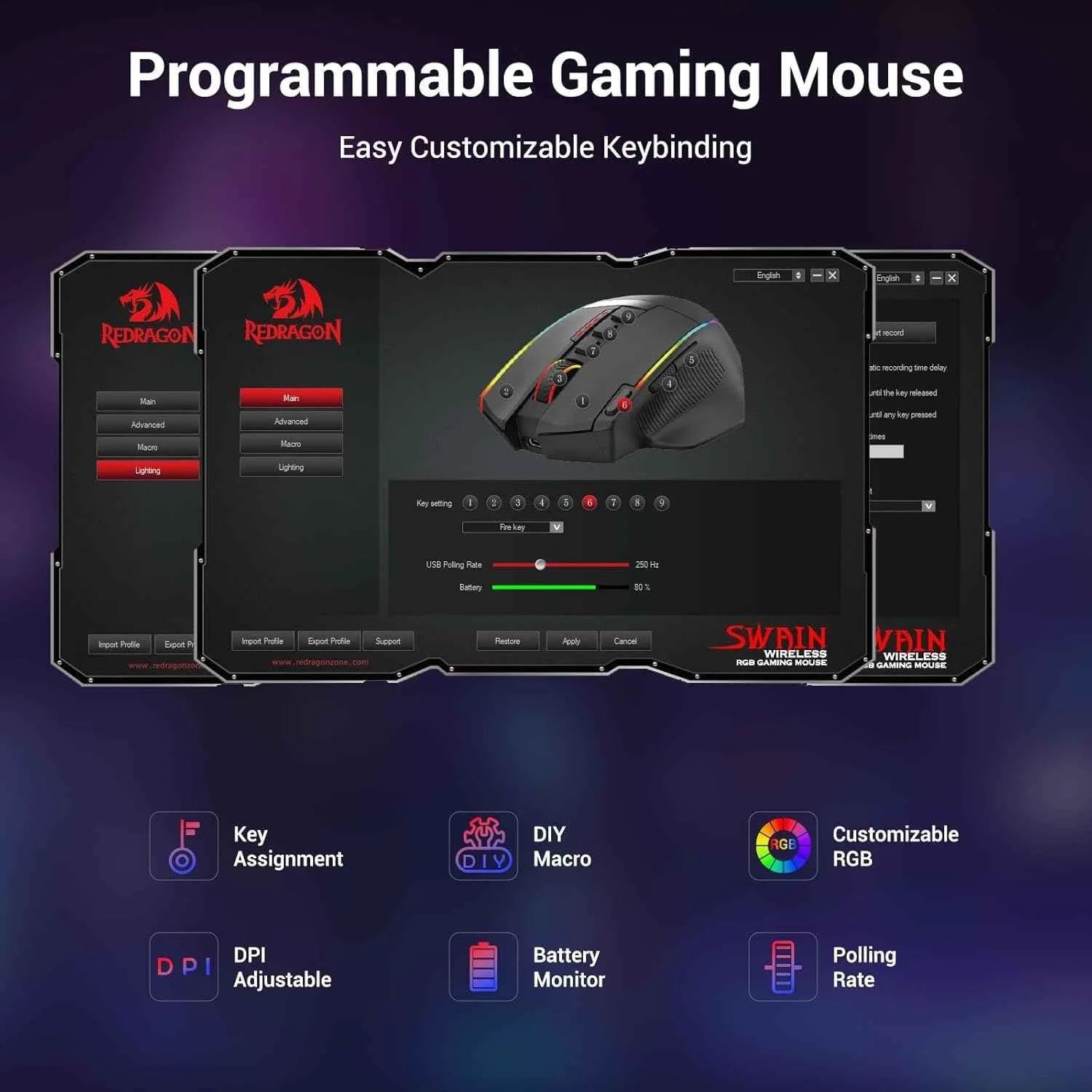 Redragon m915wl gaming mouse - wireless ergonomic 16000 dpi with rapid response - mouse