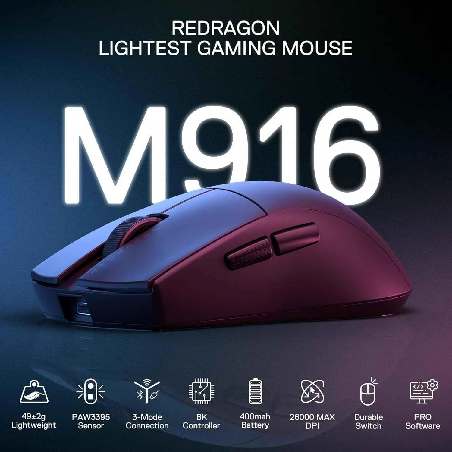 Redragon m916 pro wireless gaming mouse 3-mode 4k dpi (26000) - mouse