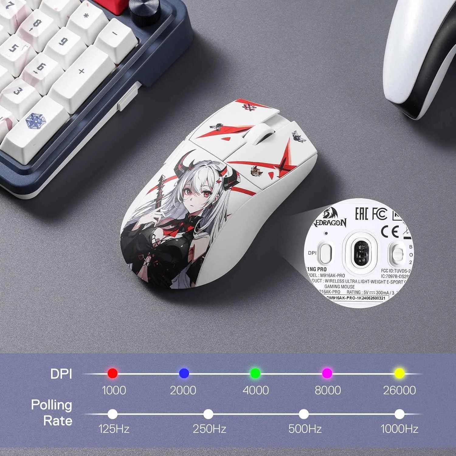 Redragon m916ak pro gaming mouse - 3-mode anime design 42g ultra-light 26k dpi - mouse