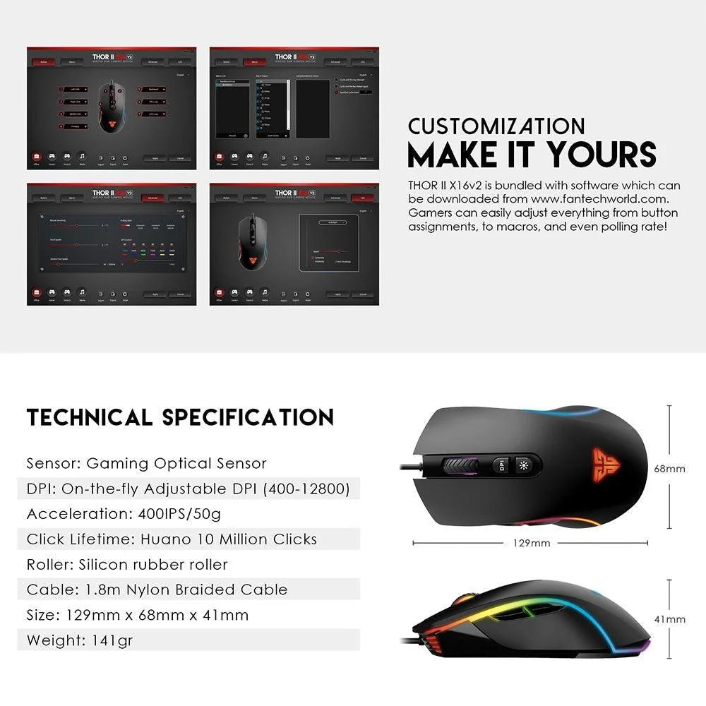 Thor ii x16 v2 macro rgb gaming mouse - mouse