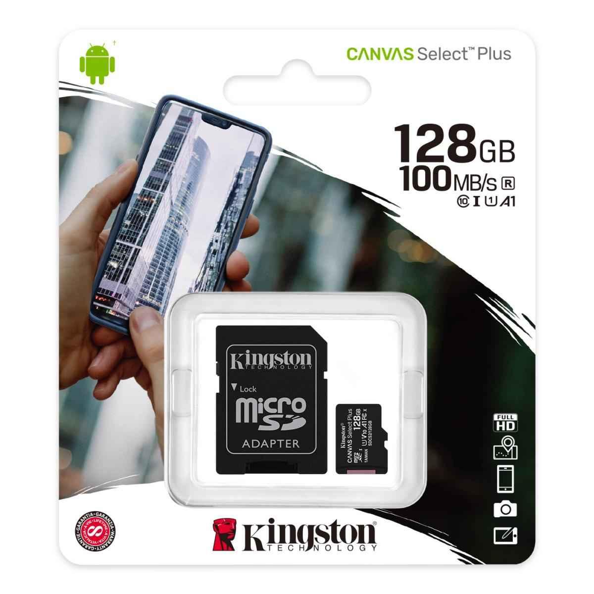 Kingston 128gb microsdxc card canvas select plus 100r a1 c10 with adapter - cables & chargers | mobile essential