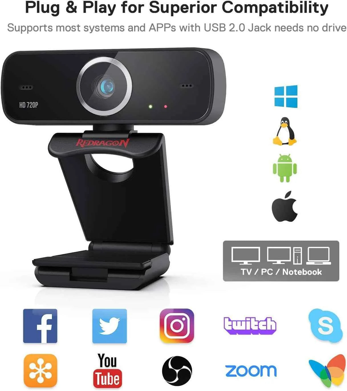 Redragon fobos 2 webcam gamer and streamer 720p gw600-1 black - streaming