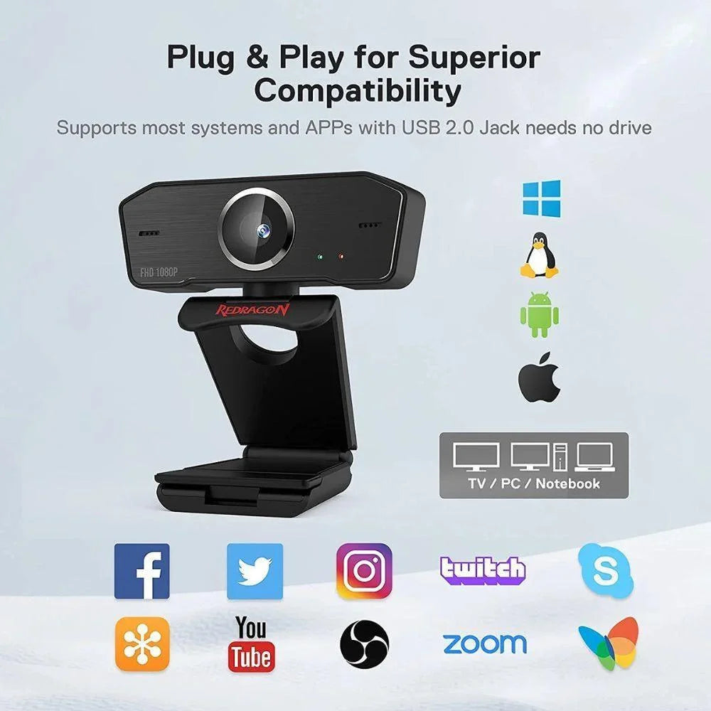 Redragon gw800 hitman 1080p webcam with built-in dual microphone - streaming