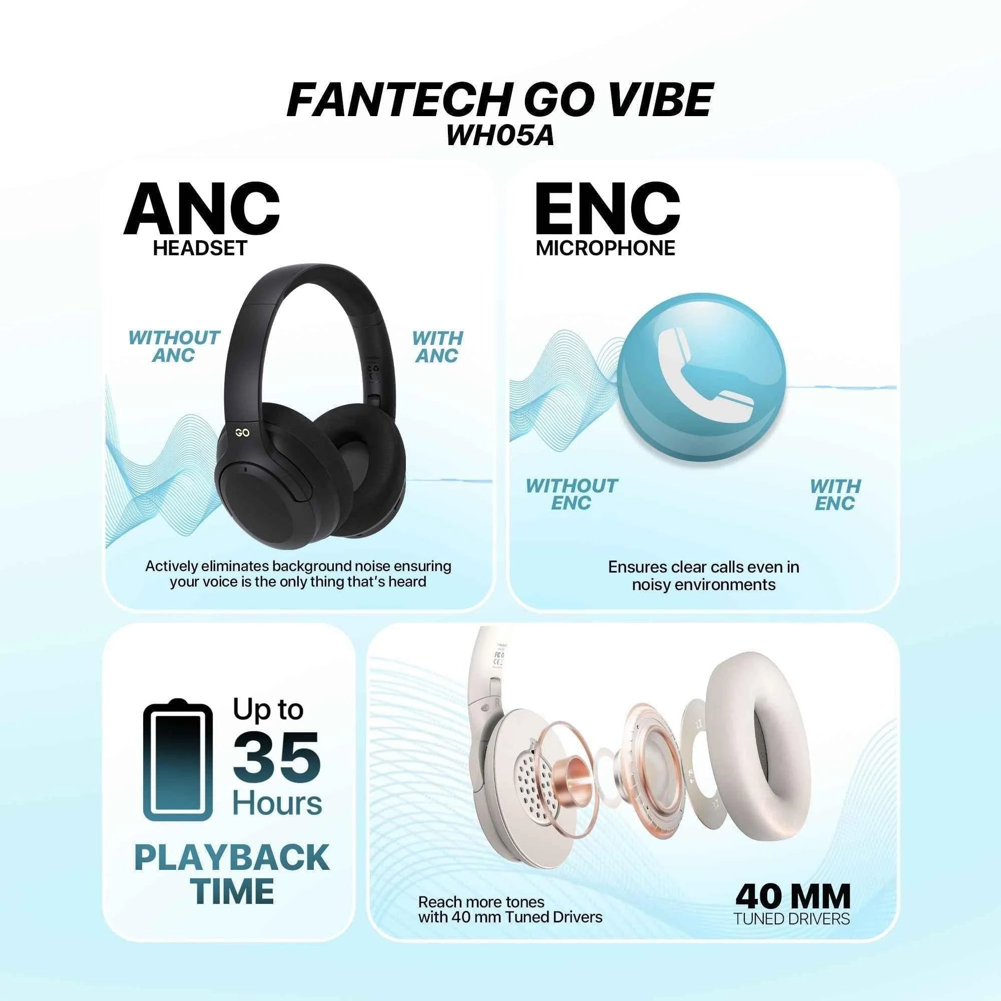 Fantech wh05a go vibe wireless headset - beige anc for superior sound immersion - audio | wireless headset