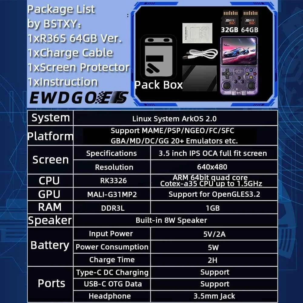 R36s handheld game console 3.5 inch ips screen retro gaming console 64g card - console | video console