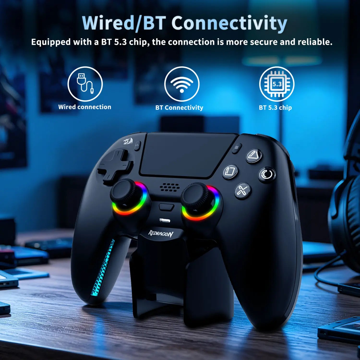 Redragon wargrip g831 wireless gamingpad for ps5 hall effect joystick trigger mechanical d-pad macro with charger dock