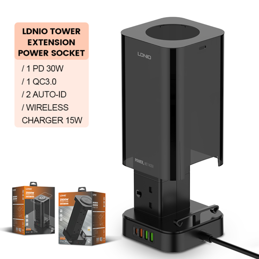Ldnio 2m Tower Extension Lead with 6 Sockets, 4 Usb Slots & Wireless Charger Uk - Gameonjo