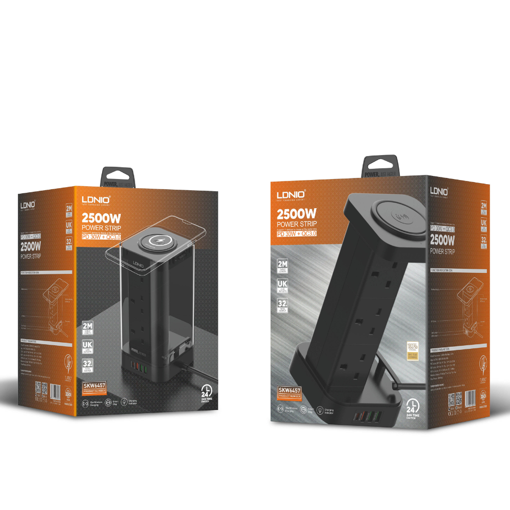 Ldnio 2m Tower Extension Lead with 6 Sockets, 4 Usb Slots & Wireless Charger Uk - Gameonjo