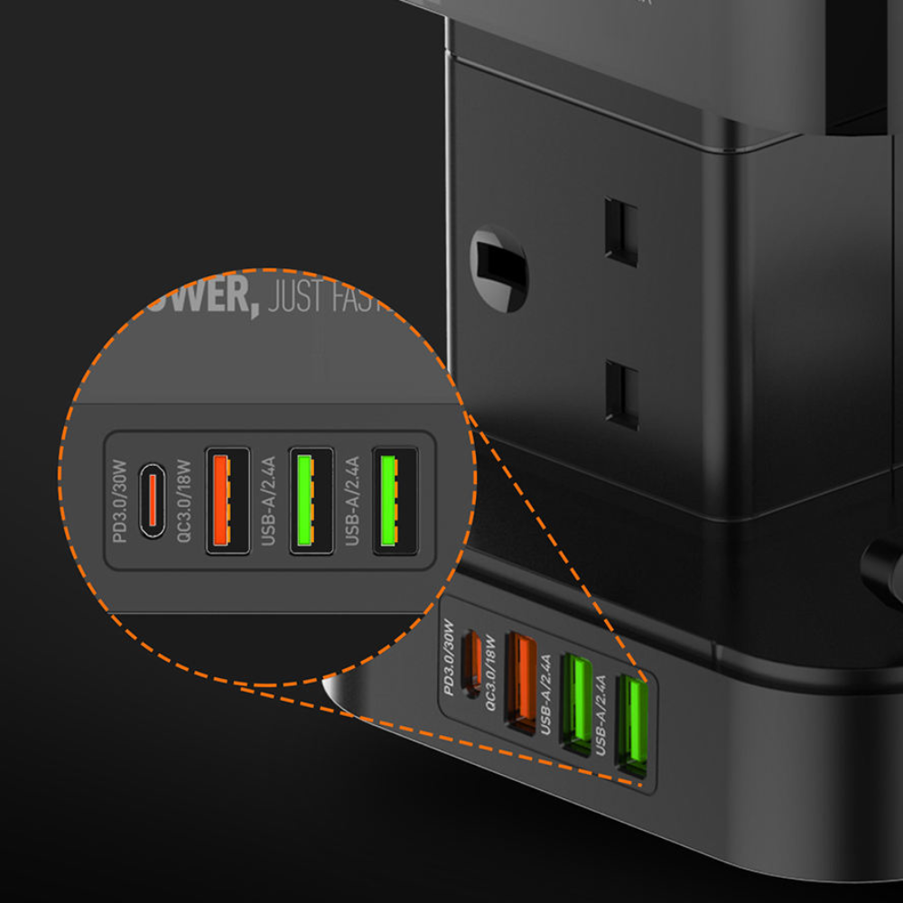 Ldnio 2m Tower Extension Lead with 6 Sockets, 4 Usb Slots & Wireless Charger Uk - Gameonjo