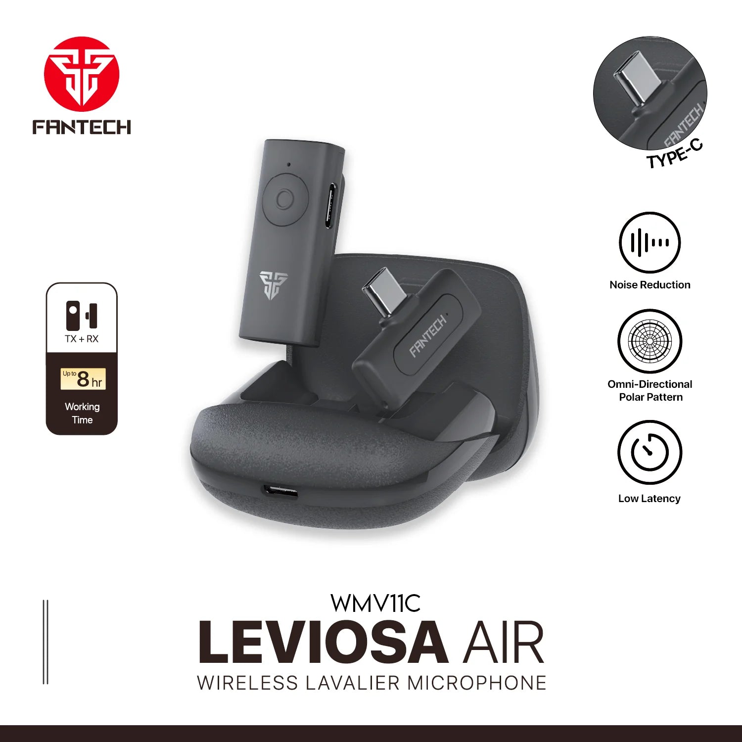 Fantech leviosa wireless lavalier microphone wmv11c with type c connectivity