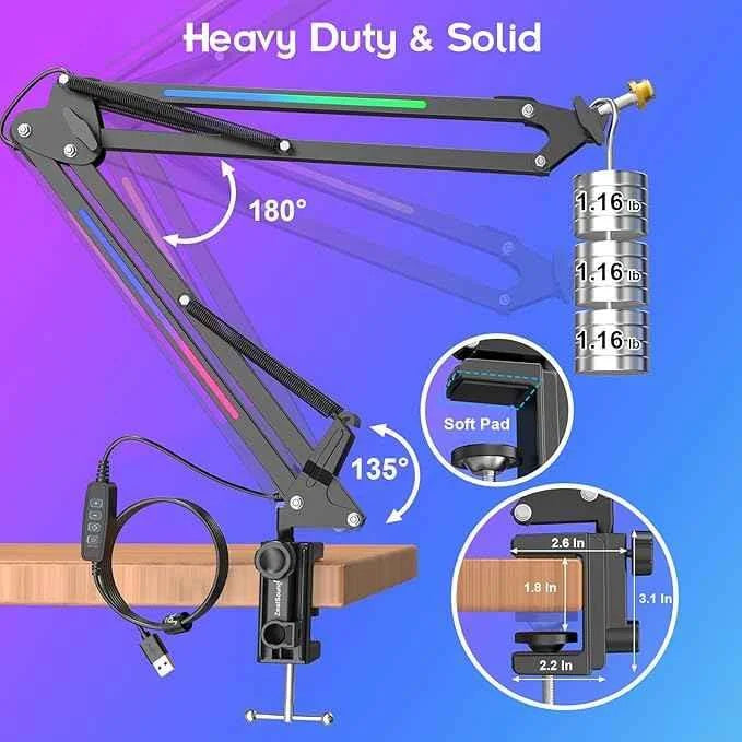 Zealsound rgb microphone arm stand with rgb light for ultimate audio experience - streaming