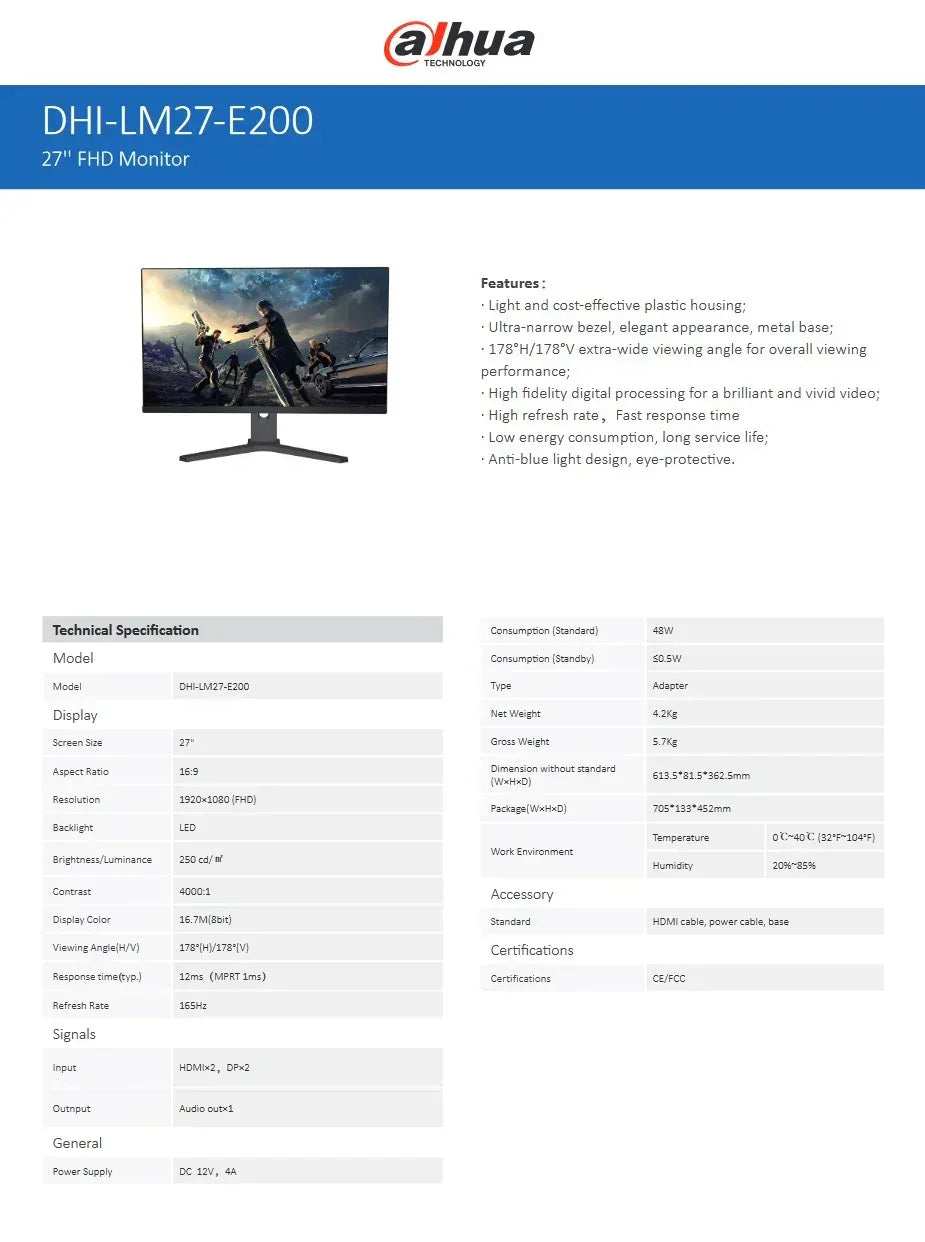 Dahua lm27-e200 27’’ full hd 165hz 1ms - pc hardware