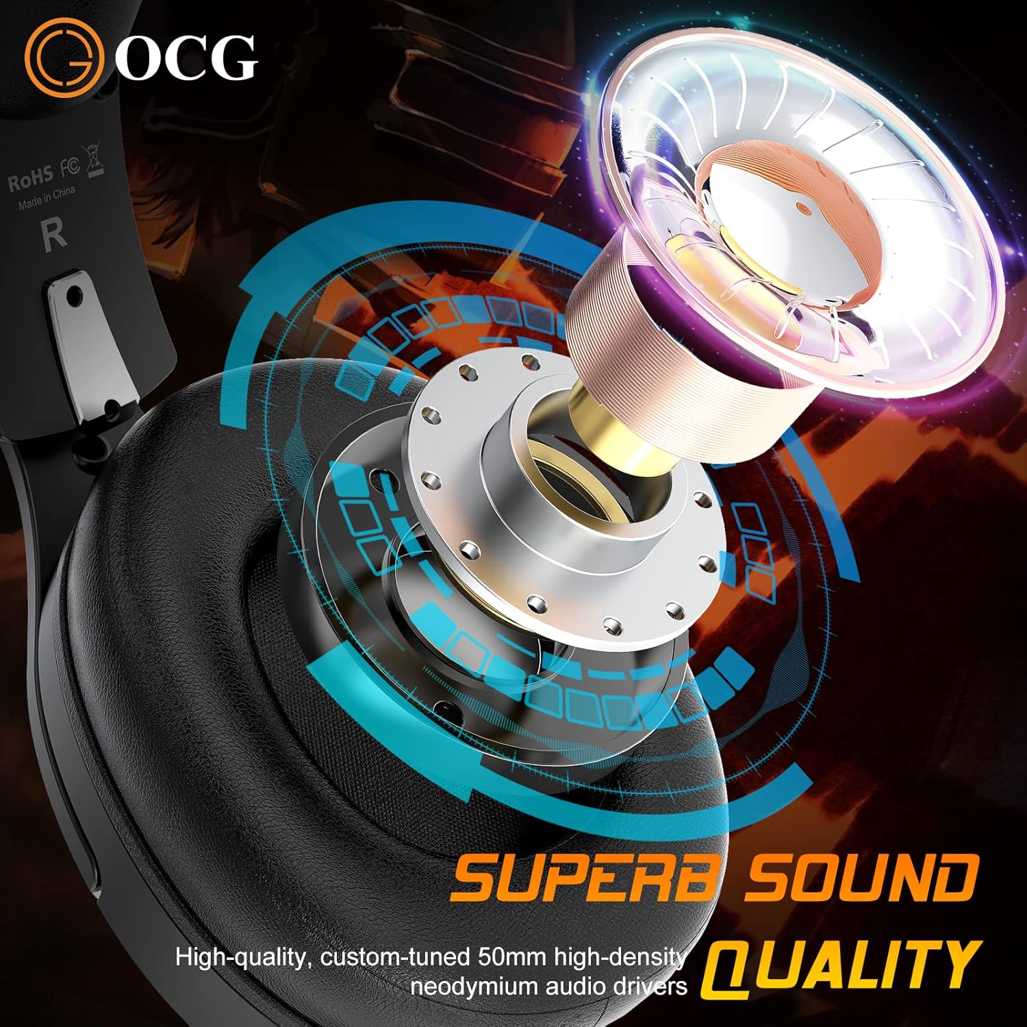 Ocg Gaming Headset 2.4ghz Bluetooth Wireless Gaming Headphones for Ps5 Ps4 Pc with Retractable Microphone,rgb Light