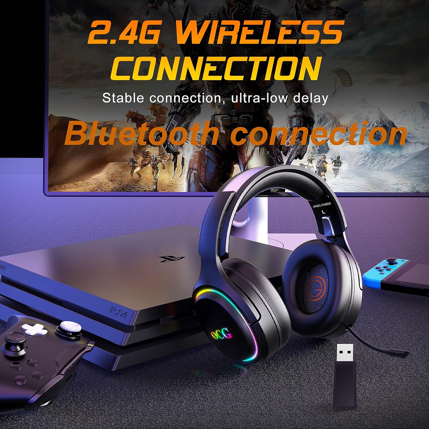 Ocg Gaming Headset 2.4ghz Bluetooth Wireless Gaming Headphones for Ps5 Ps4 Pc with Retractable Microphone,rgb Light