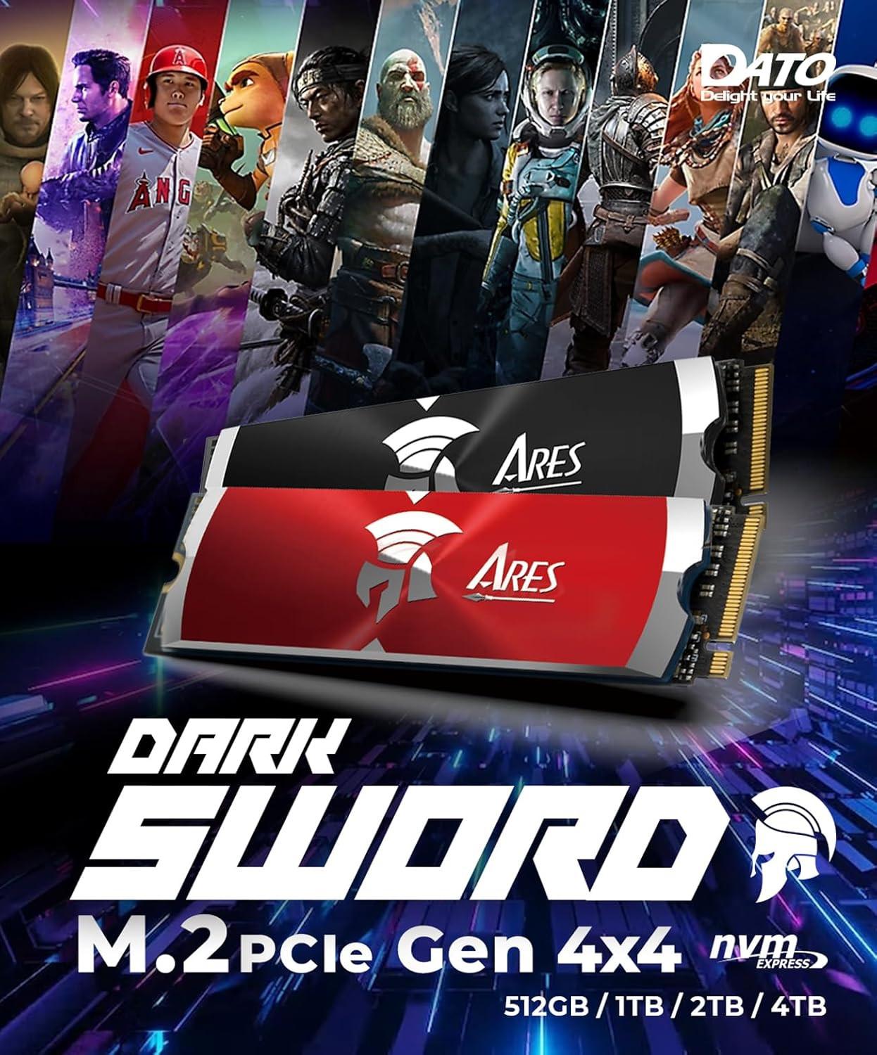 Dato 2tb internal ssd with heatsink m.2 2280 pcie gen4 x4 compatible with ps5 up to 7200/6850 mb/s series ares dark