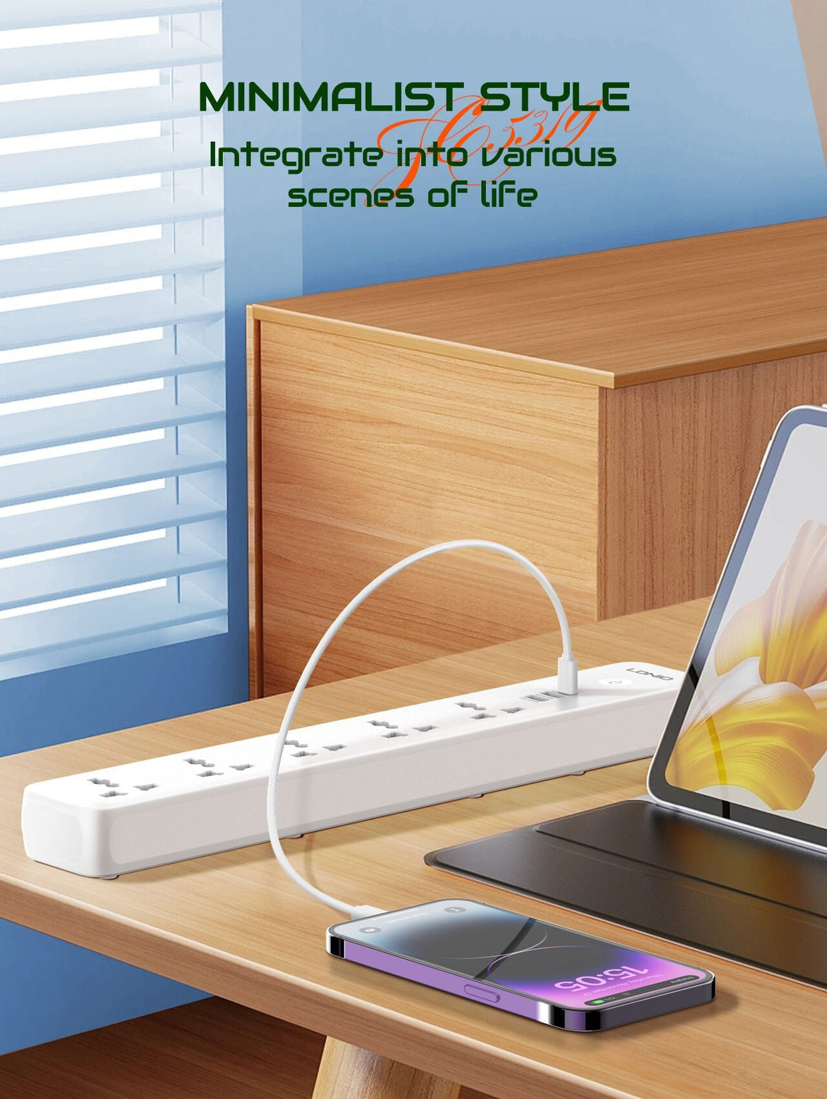 Ldnio sc5319 multi socket extension lead with 5 ac 3 usb power socket plug extender 2m