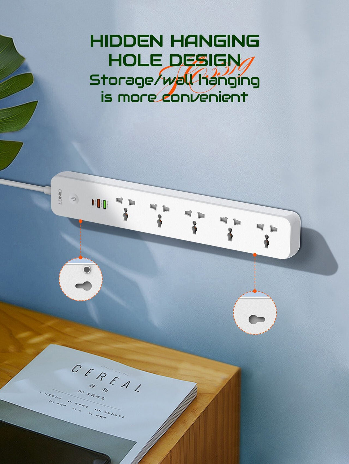 Ldnio sc5319 multi socket extension lead with 5 ac 3 usb power socket plug extender 2m