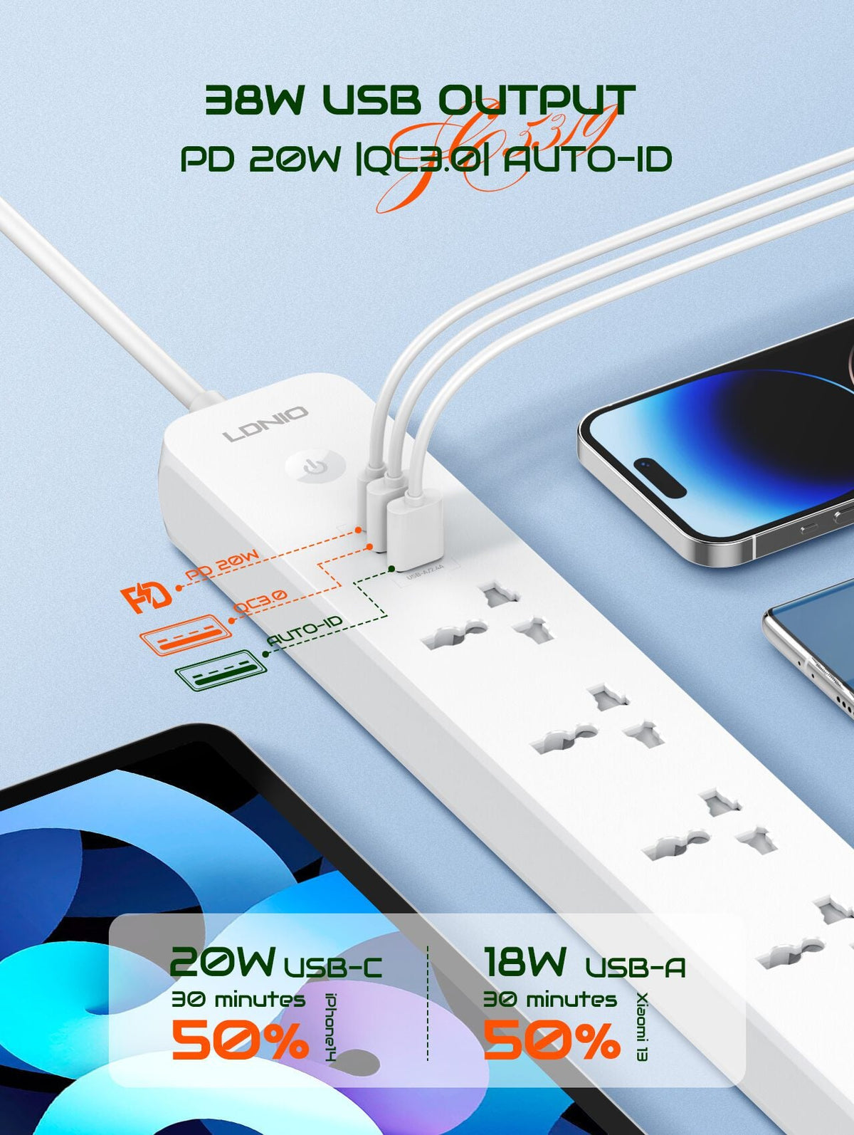 Ldnio sc5319 multi socket extension lead with 5 ac 3 usb power socket plug extender 2m