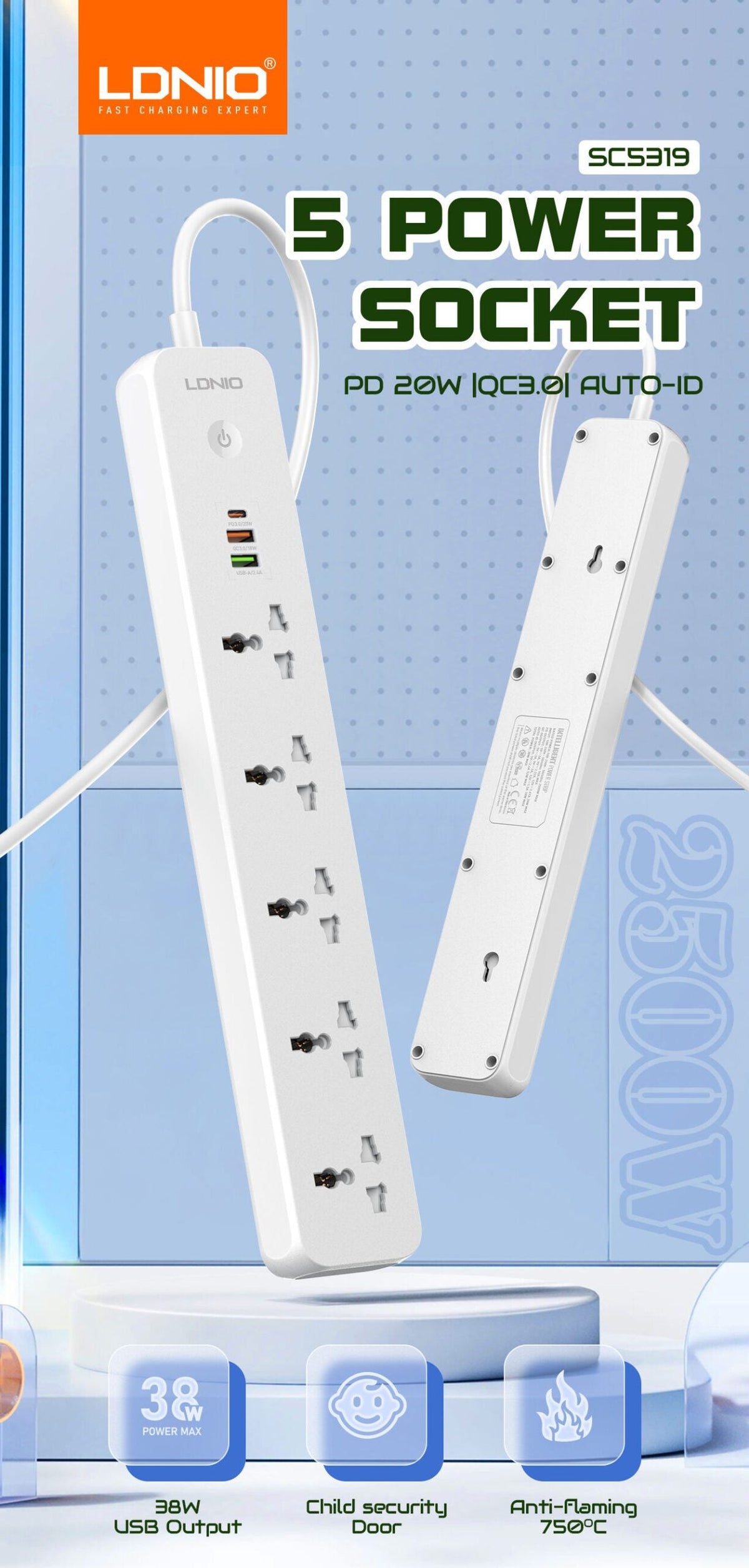 Ldnio sc5319 multi socket extension lead with 5 ac 3 usb power socket plug extender 2m